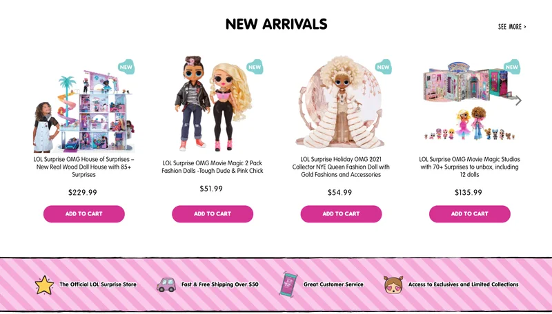 LOL Surprise Home Page new arrivals bar featuring four doll products for kids