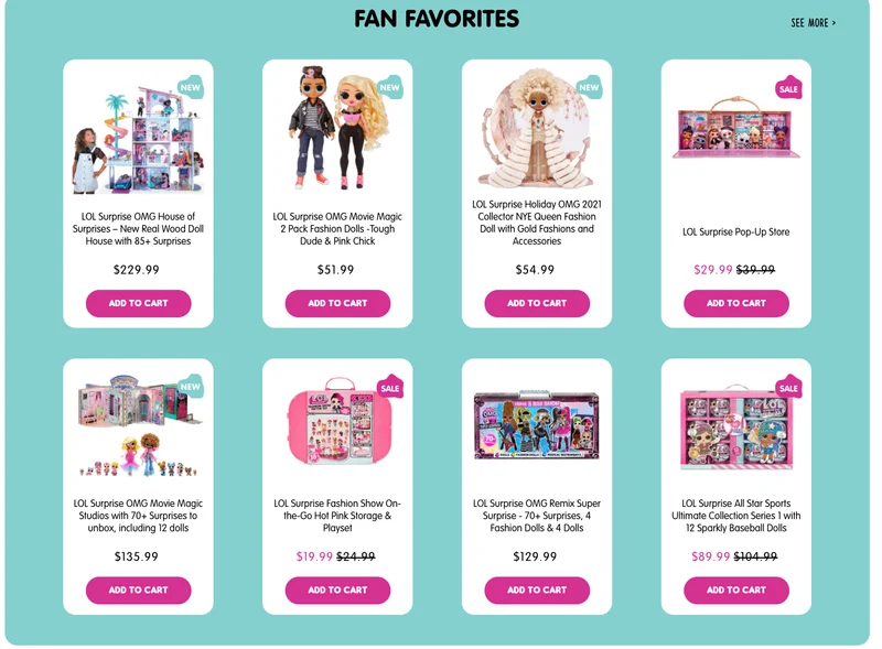 LOL Surprise collection of 8 doll products featured in a grid labeled Fan Favorites