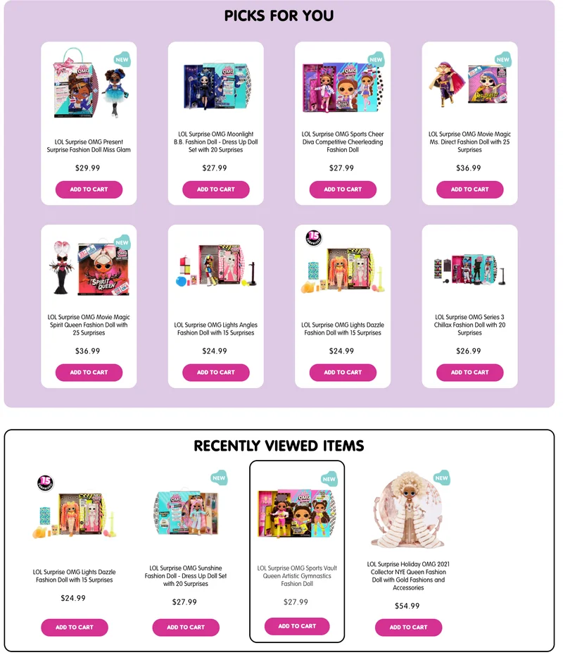 LOL Surprise grid of 8 doll products labeled picks for you with a carousel of 4 items below it labeled recently viewed items