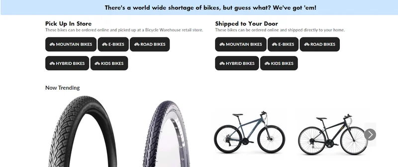 Bicycle Warehouse display of the ability to get your order in store or shipped to your door