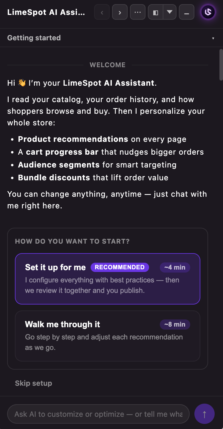 The LimeSpot Studio AI assistant introducing itself, listing what it will personalize, and offering to set the store up automatically in about four minutes