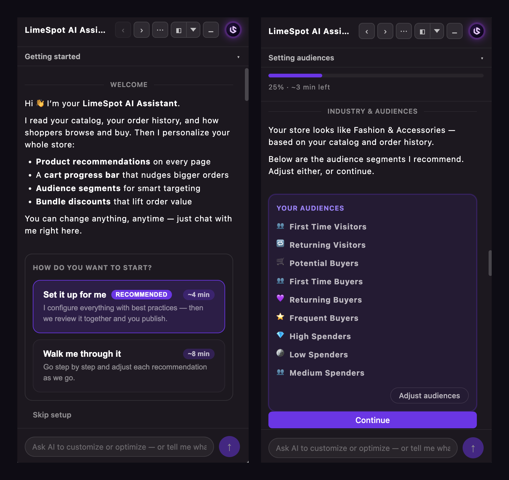 The LimeSpot Studio AI assistant setting up personalization on a BigCommerce storefront